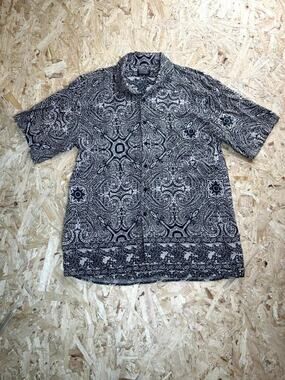 Knightsbridge Paisley Button Up Shirt Womens XL Black White Short Sleeve Blouse
